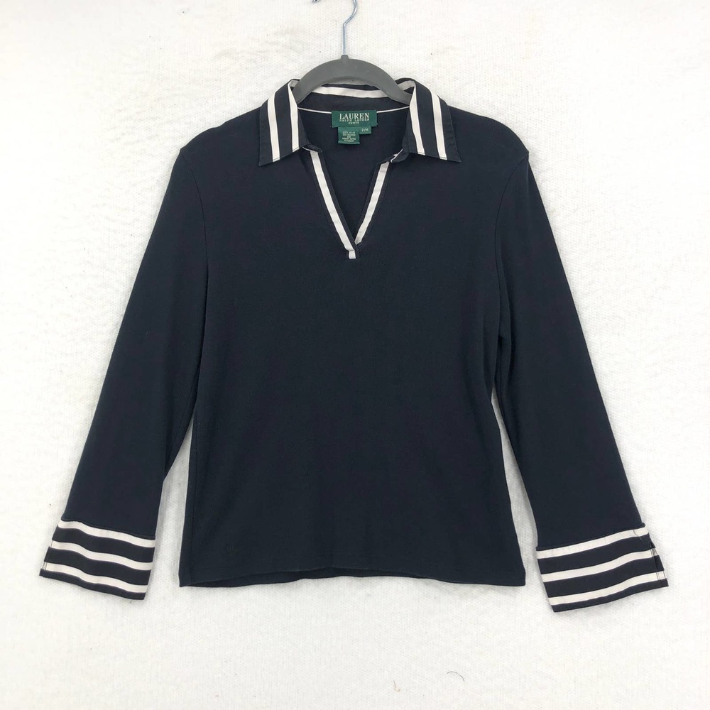 Lauren Ralph Lauren Womens M P Black Polo Shirt Striped V-Neck 3/4 Flare Sleeve